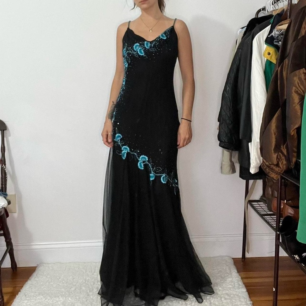 Xscape Black Gown with Blue Embroidered Flowers and Beading